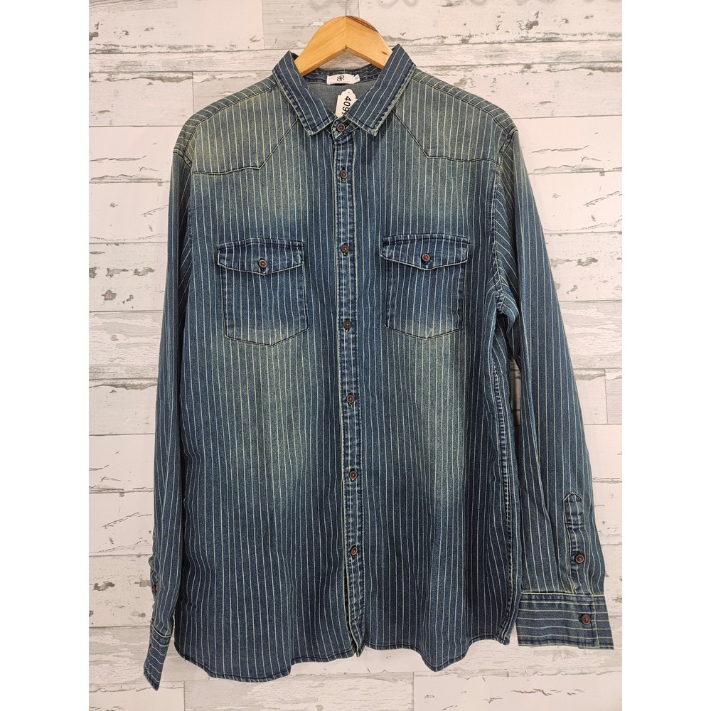 BR Designed in Germany Mens XL Pinstripe Denim Western Shirt Blue Long Sleeve